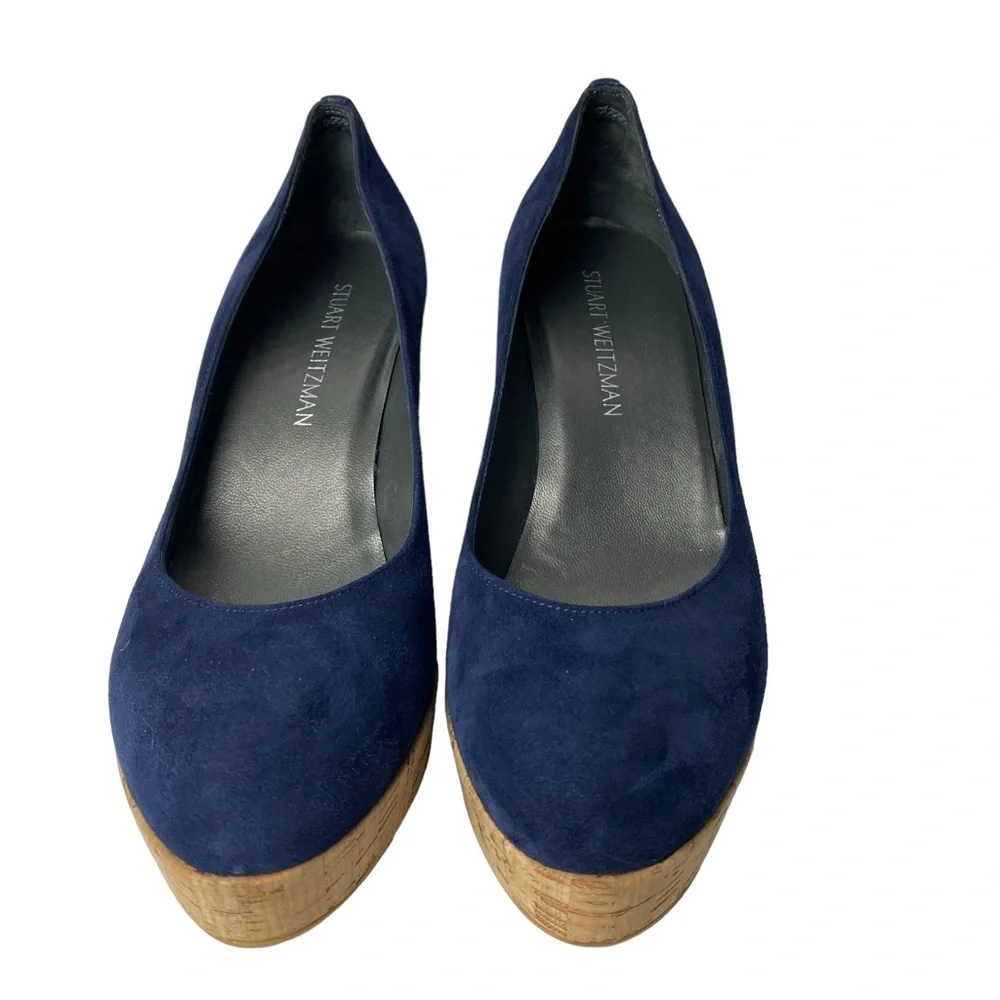 Stuart Weitzman Navy Suede Cork Wedge Pumps - Picture 2 of 11